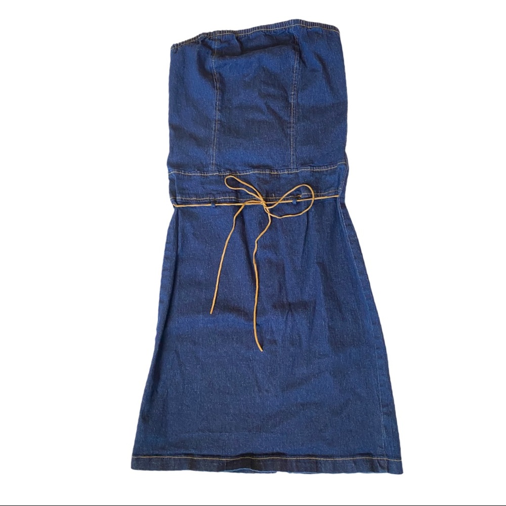 Y2K Vintage Stretch Denim Tube Top Dress Bodycon Contrast Stitch Brown Tie Belt